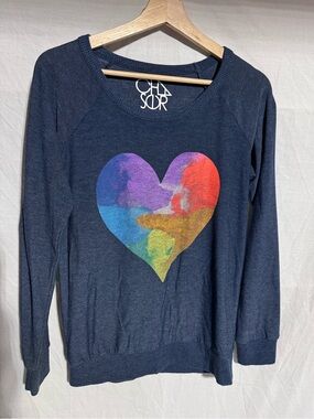 Chaser watercolor heart graphic long sleeve top in dark blue Size Medium